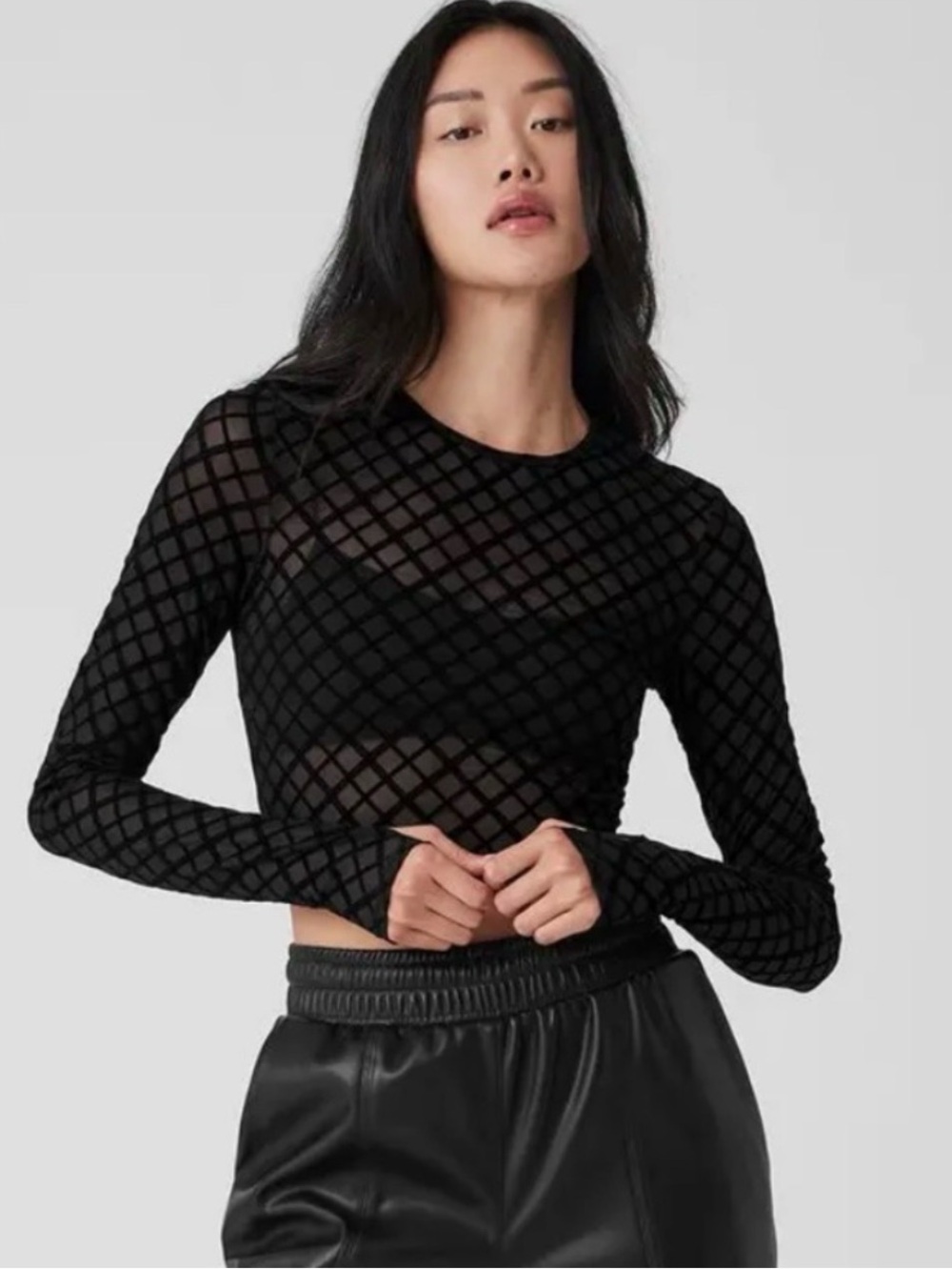 Alo Yoga Mesh Plaid Cropped Long Sleeve Black XS